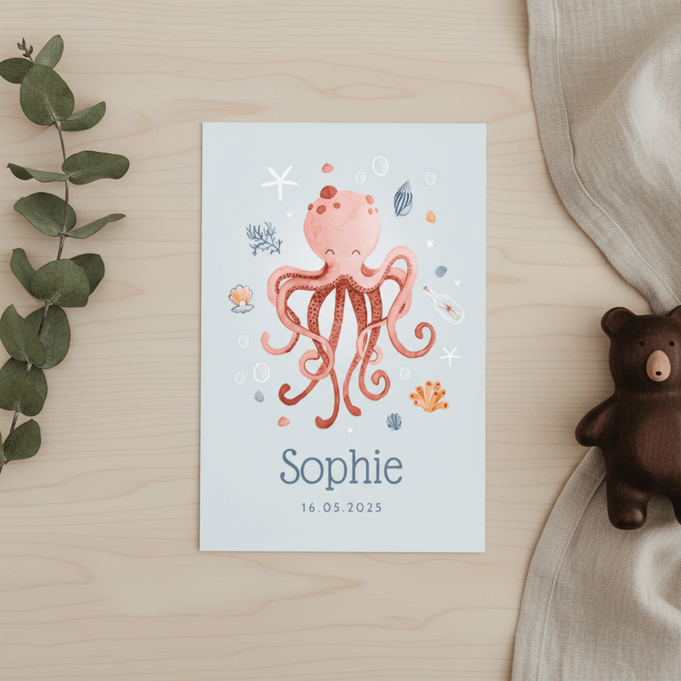 Geboortekaartje hip zee octopus meisje schelpjes hartjes