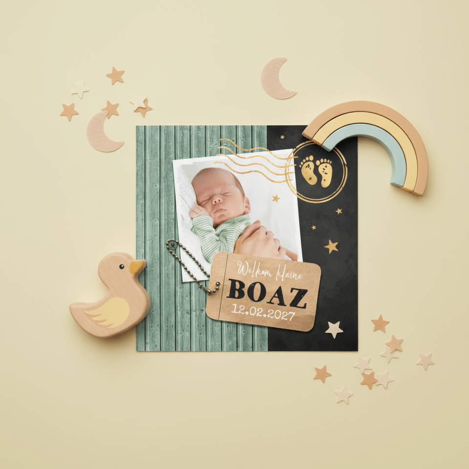 Geboortekaartje houtlook foto label stempel goud groen