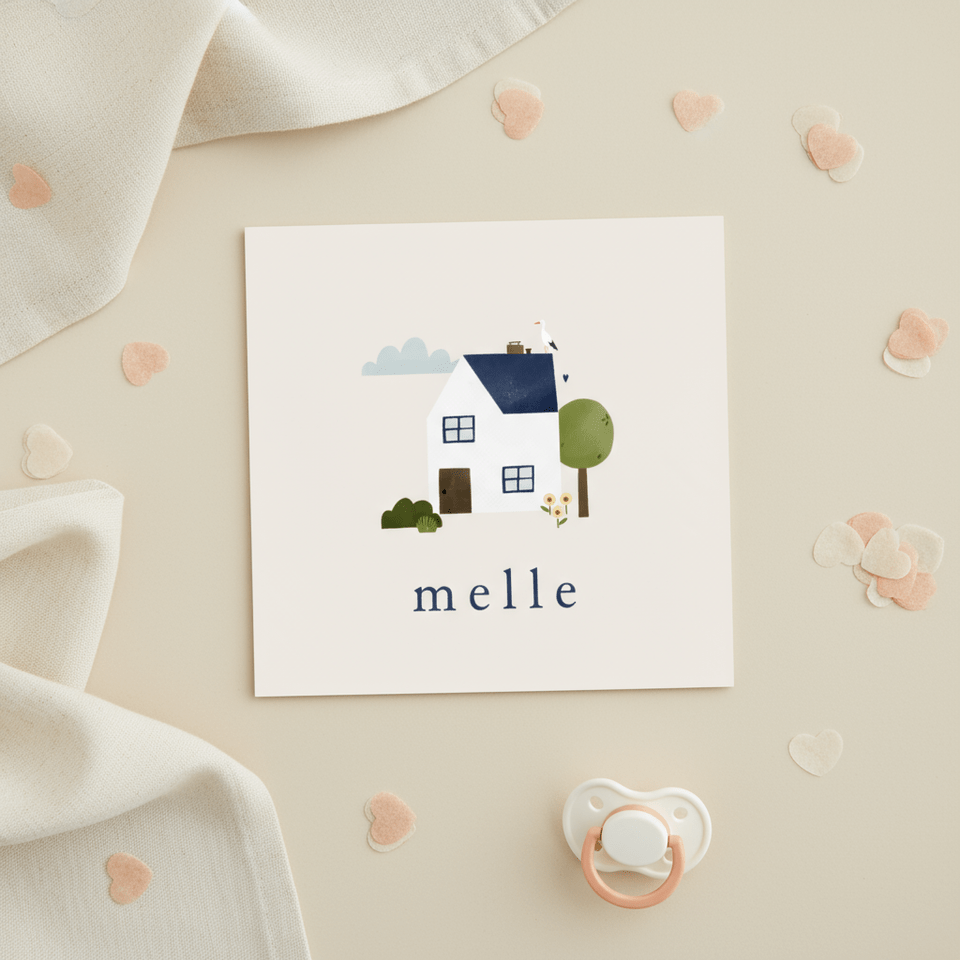 Geboortekaartje huisje tuintje ooievaar illustratie neutraal