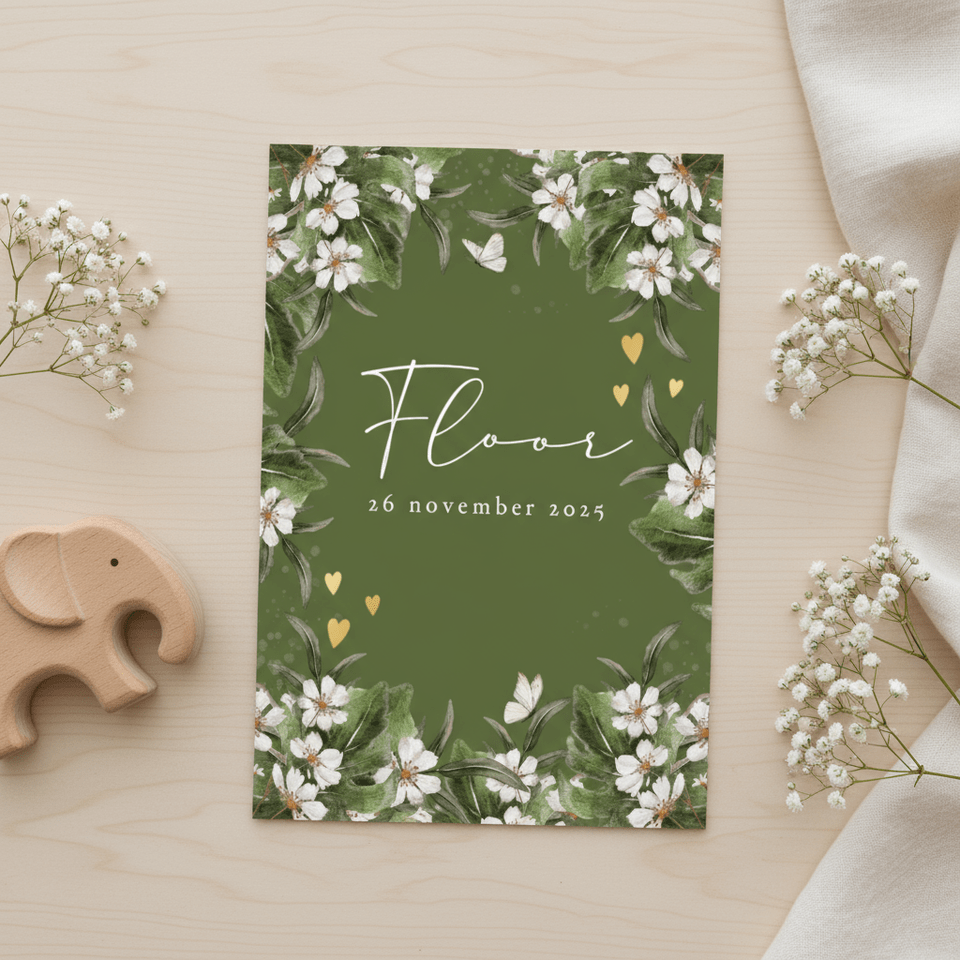 Geboortekaartje in groen met bloemen en hartjes van goud
