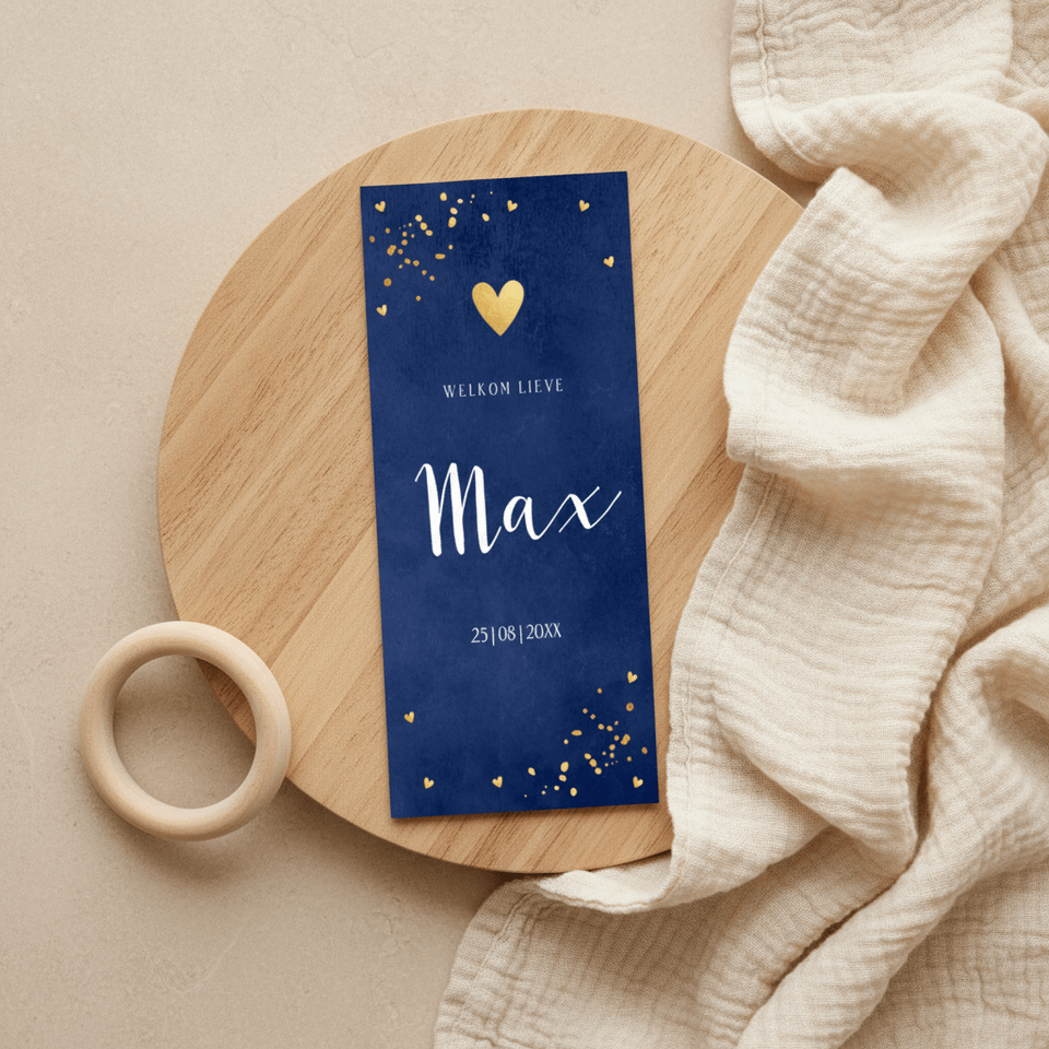 Geboortekaartje jongen blauw langwerpig goud hartje