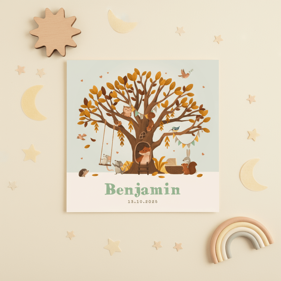 Geboortekaartje jongen boom bosdieren wiegje hartjes herfst