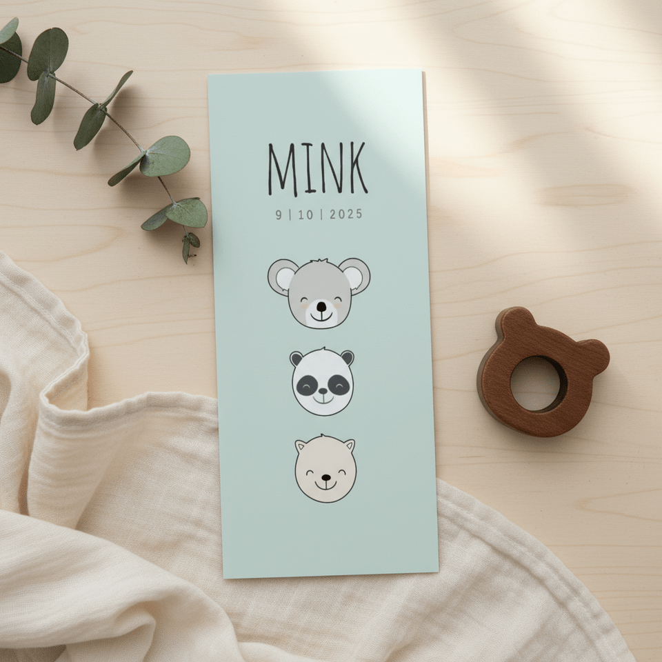 Geboortekaartje jongen derde kind met koala, panda en katje