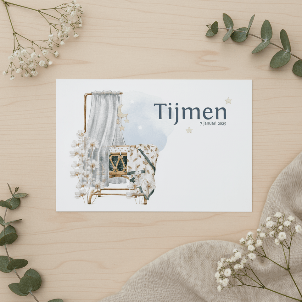 Geboortekaartje jongen met wieg onder de sterren