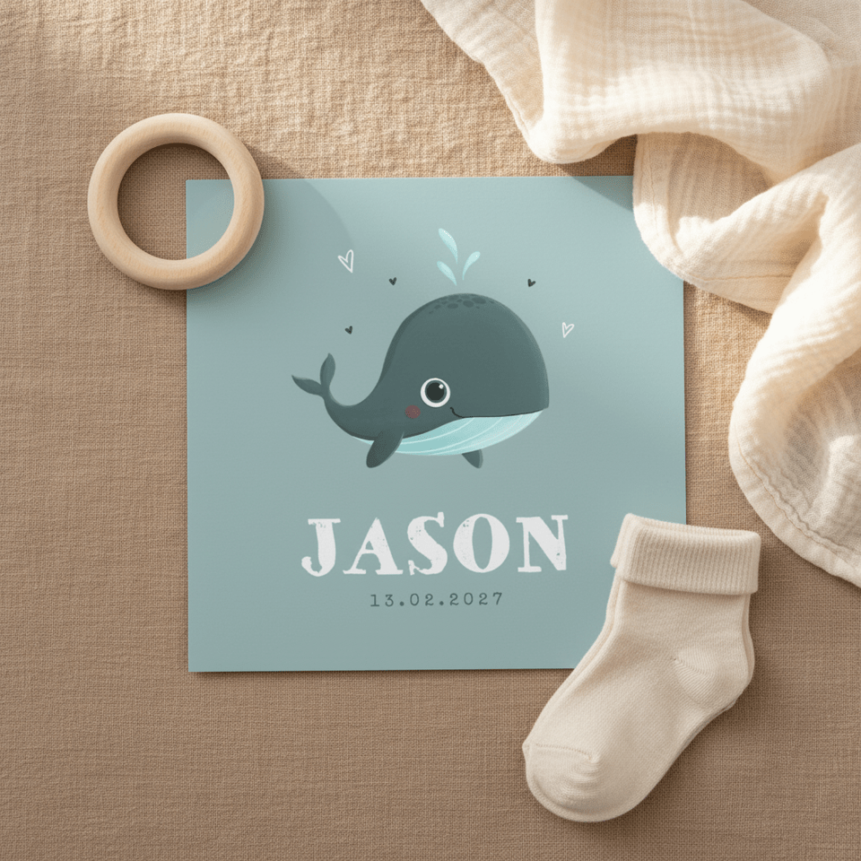 Geboortekaartje jongen oceaan walvis hartjes blauw