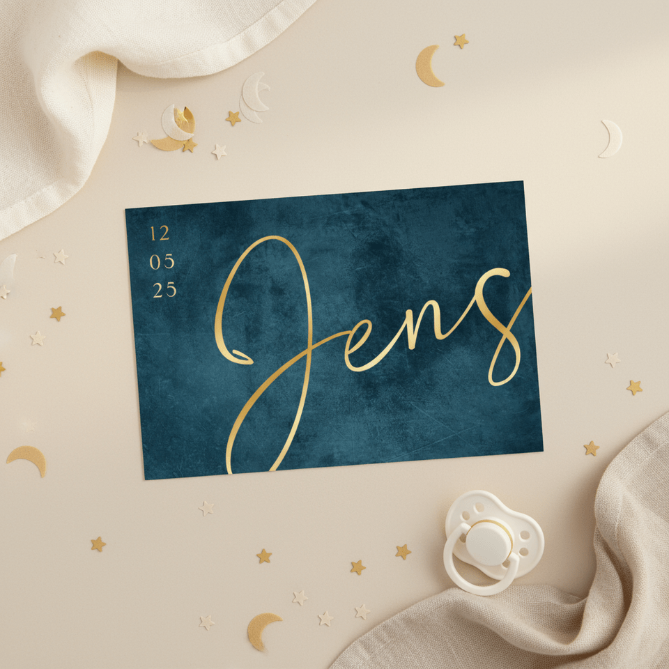 Geboortekaartje jongen petrol blauw stoer stijlvol goud
