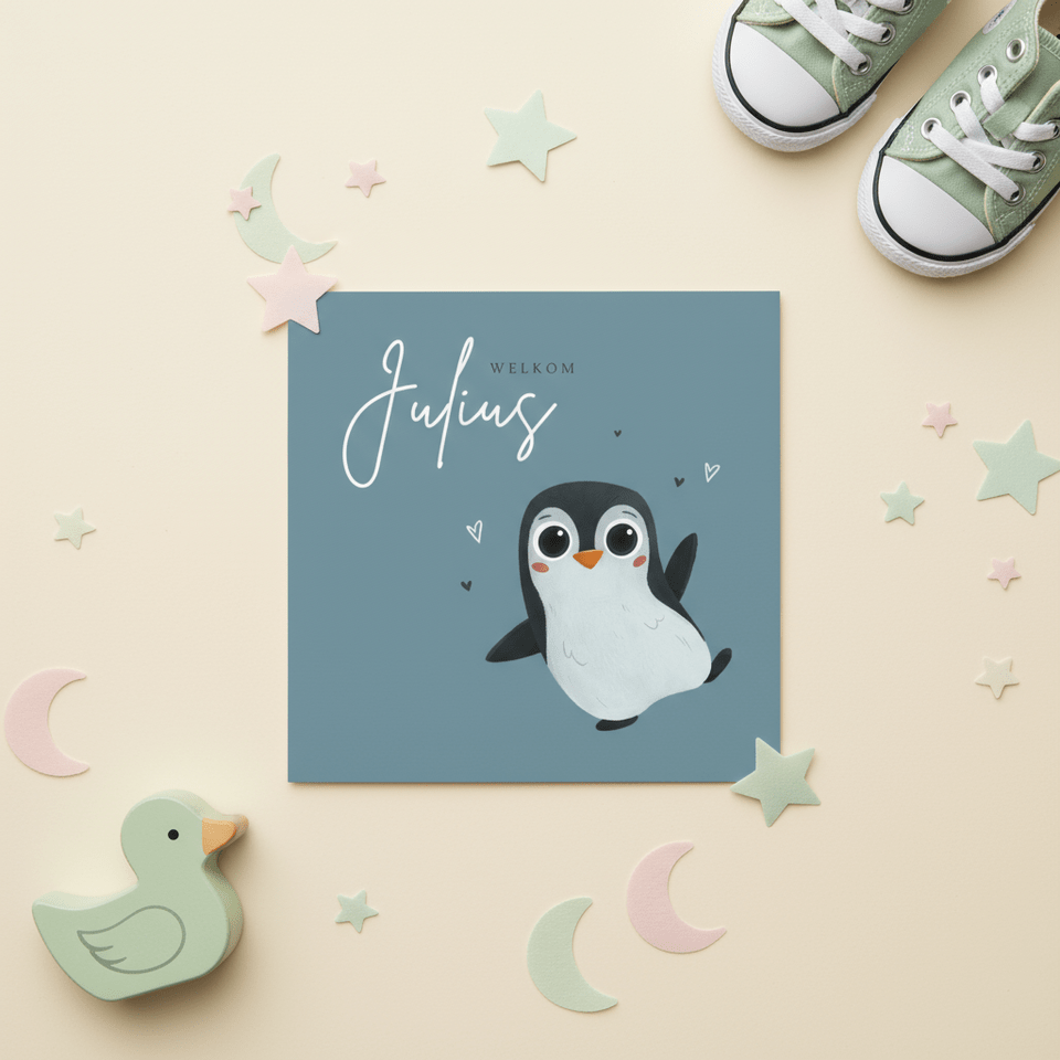 Geboortekaartje jongen pinguin hartjes lief
