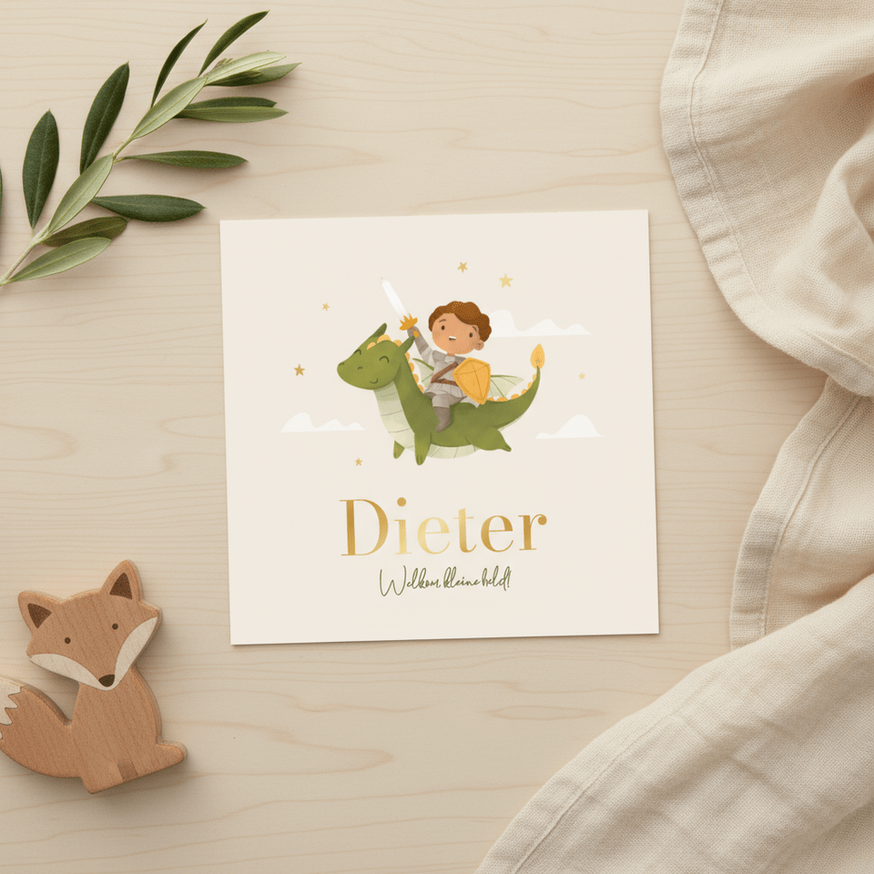 Geboortekaartje jongen ridder draak sprookje sterren