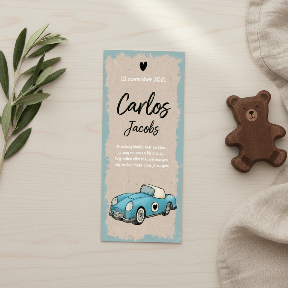 Geboortekaartje jongen stoer en vintage met auto en kraft