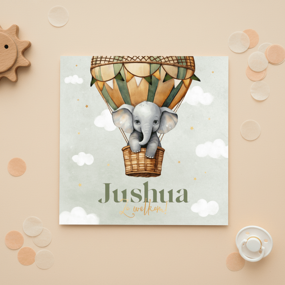 Geboortekaartje jongen vintage luchtballon olifantje lief
