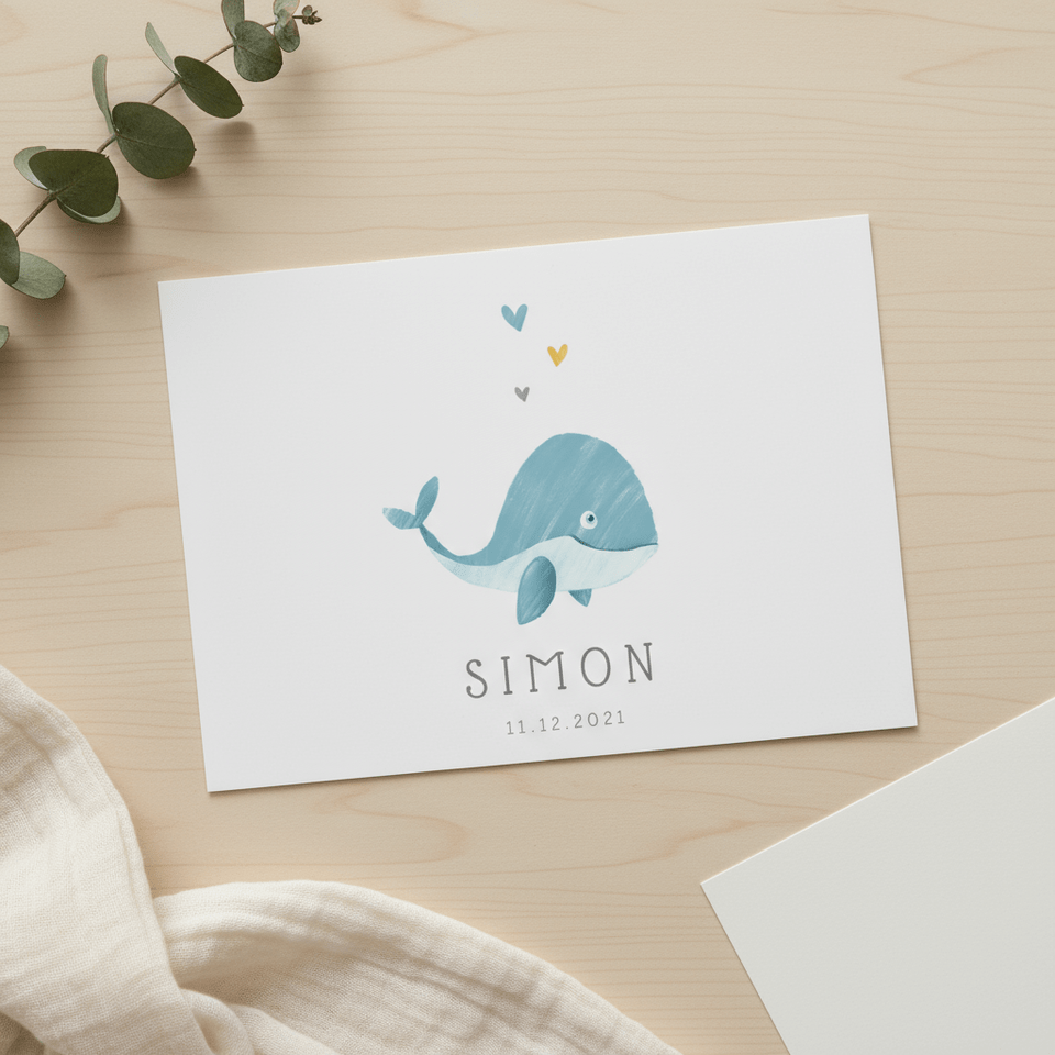 Geboortekaartje jongen walvis hartjes lief illustratie
