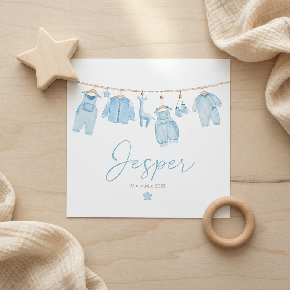 Geboortekaartje jongetje waslijn kleertjes