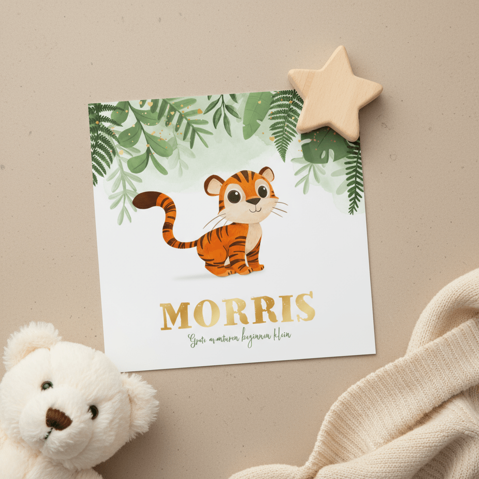 Geboortekaartje jungle tijger goud hartjes illustratie