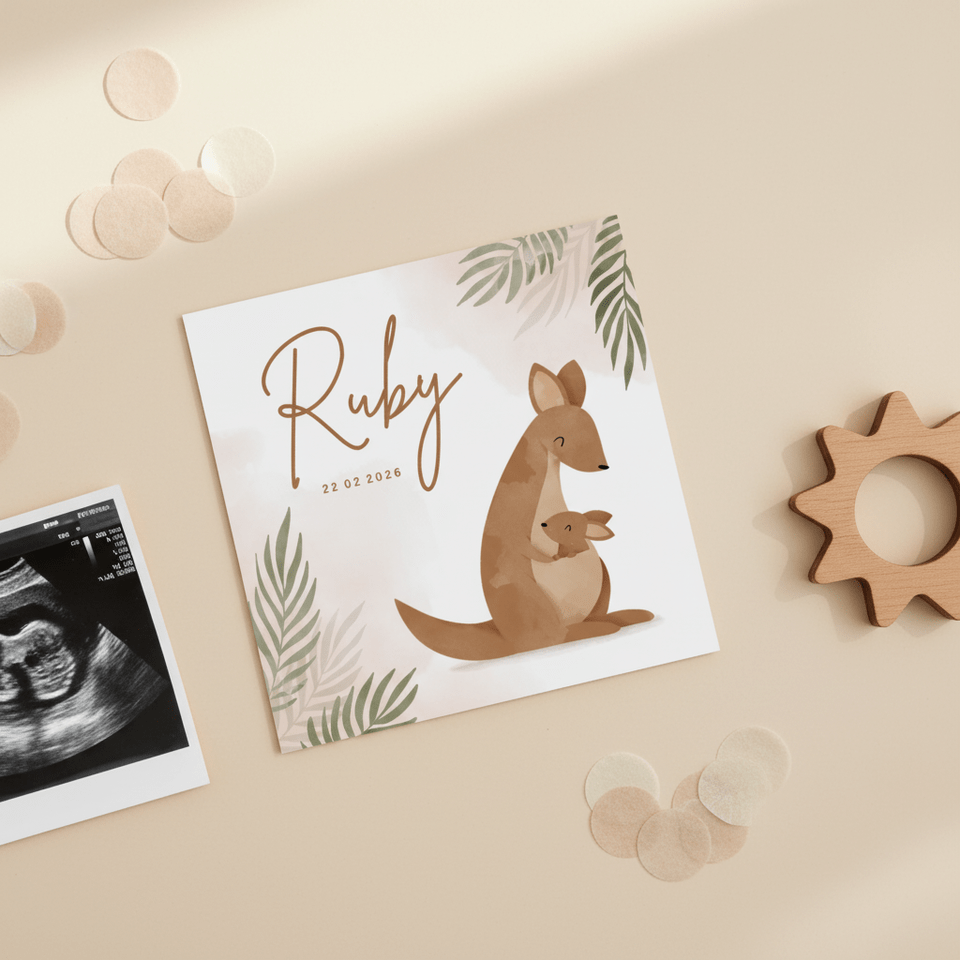 Geboortekaartje kangoeroe met jungle bladeren en waterverf