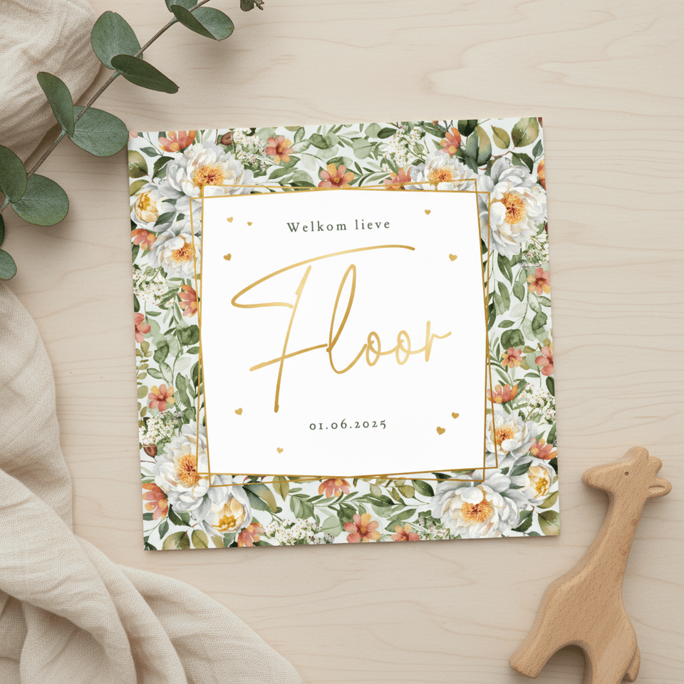 Geboortekaartje klassiek bloemen hartjes groen meisje