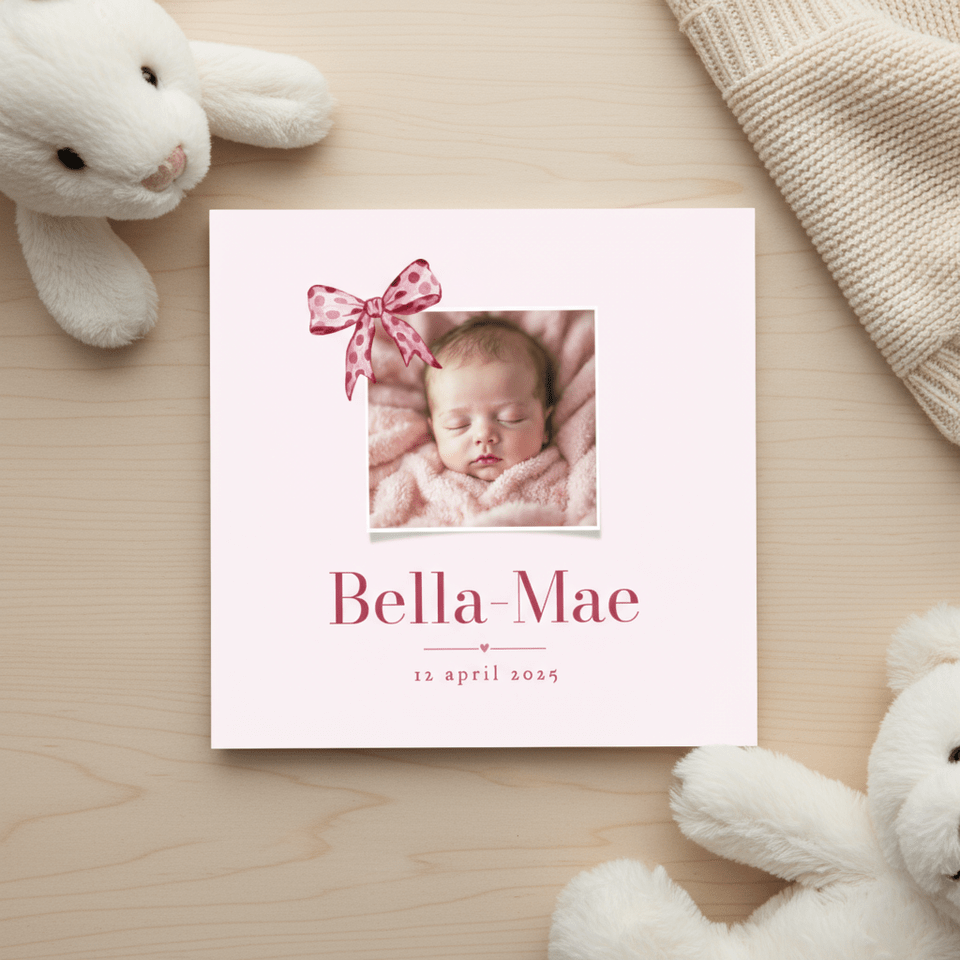 Geboortekaartje klassiek meisje foto strikje roze stippen
