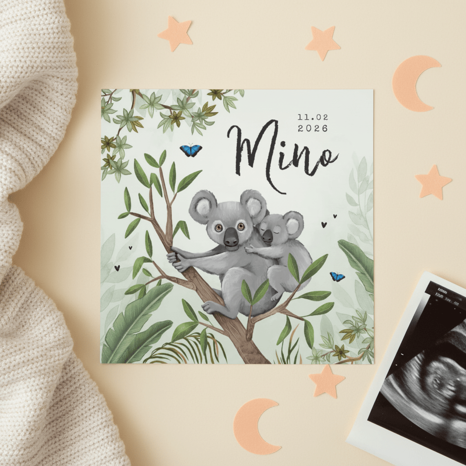 Geboortekaartje koala jungle baby groen vlinders