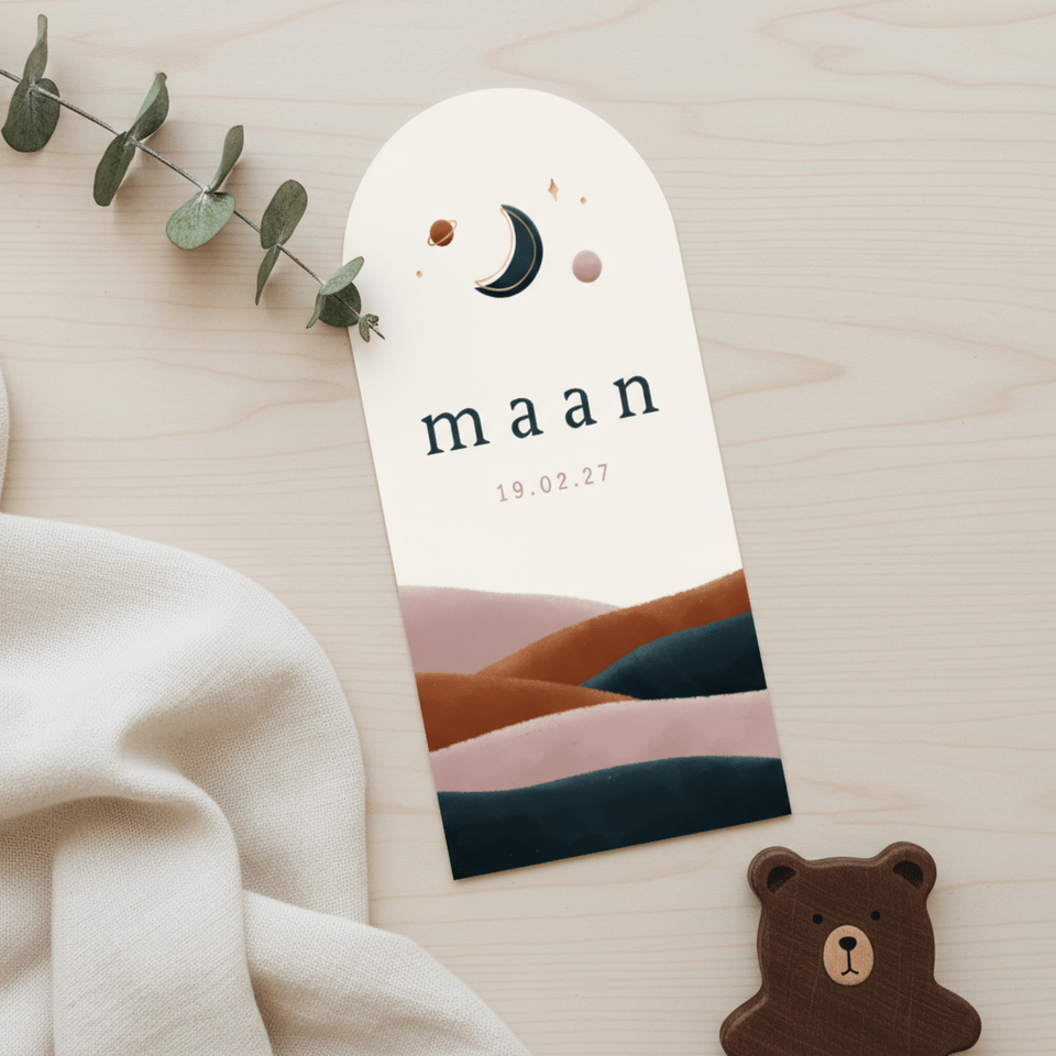 Geboortekaartje landschap maan en planeetjes boog vorm