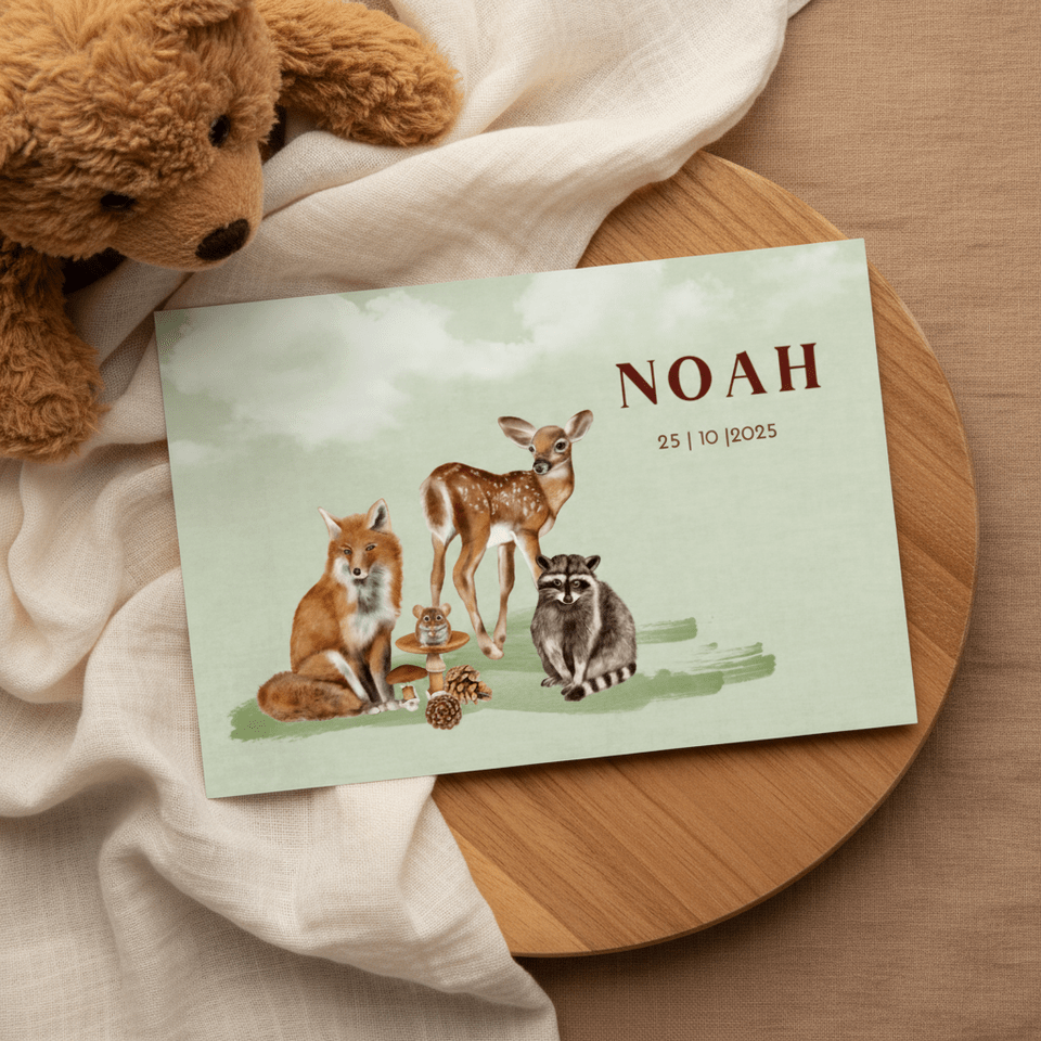 Geboortekaartje leuke bosdieren 