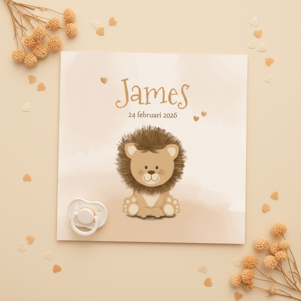 Geboortekaartje lief leeuwtje in zachte beige tinten