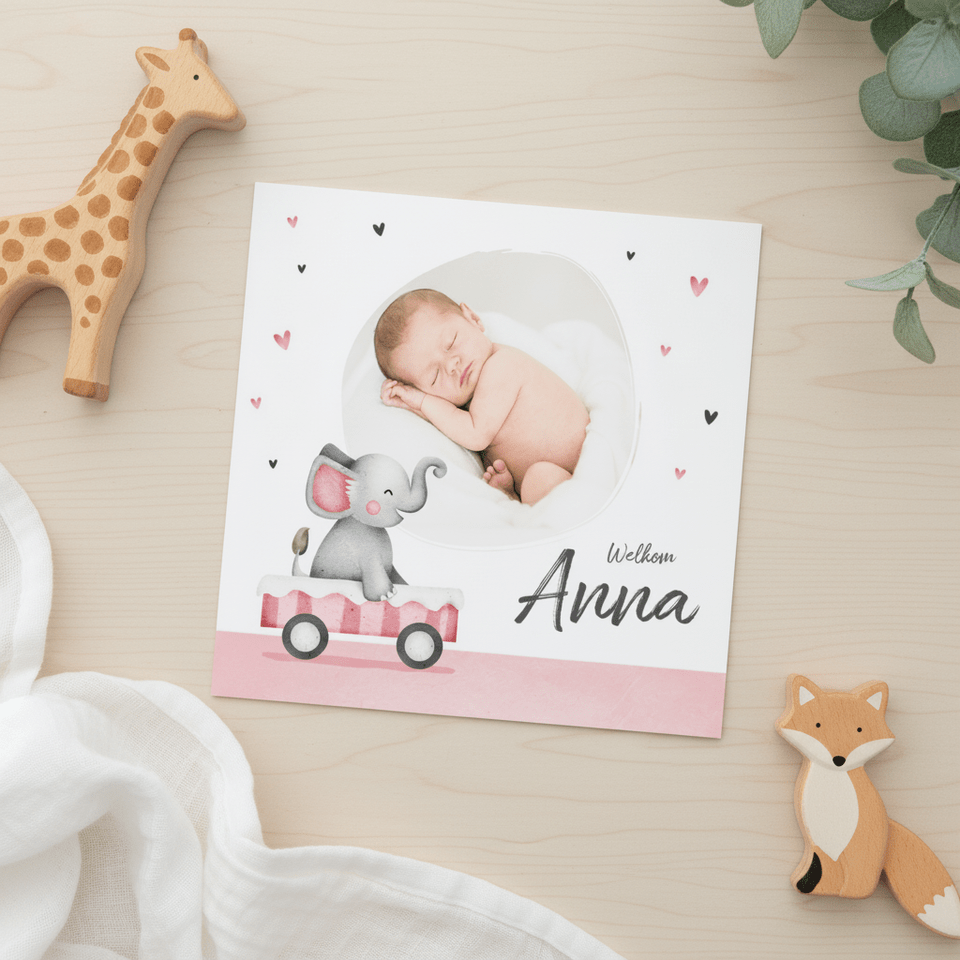 Geboortekaartje lief meisje olifant foto hartjes