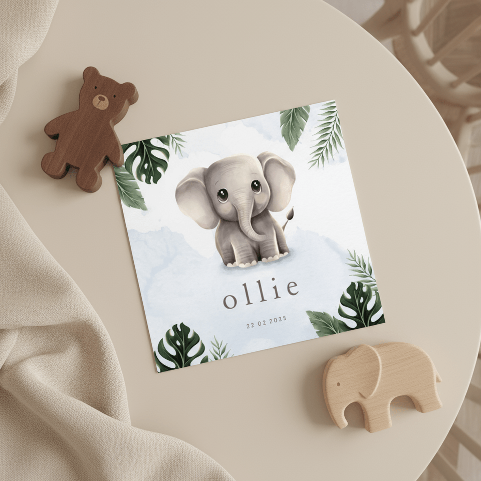 Geboortekaartje lief olifantje blauw jungle thema