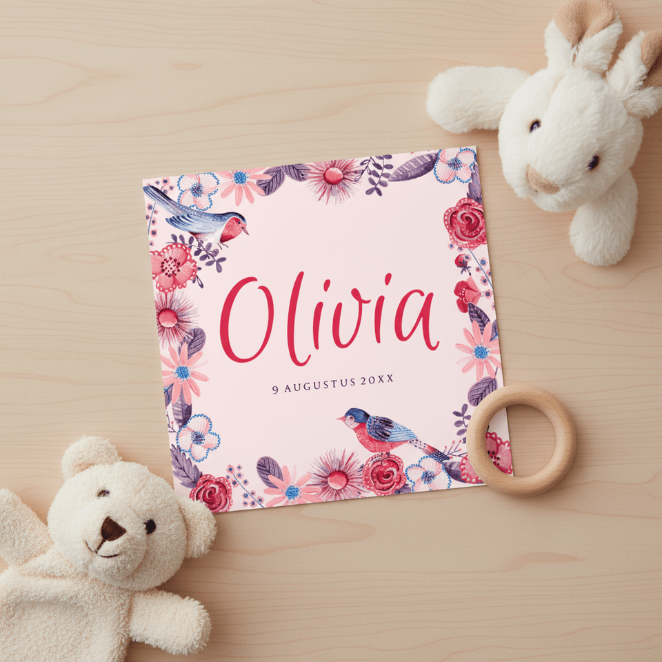 Geboortekaartje lief retro blauw rood bloemen en vogeltjes 