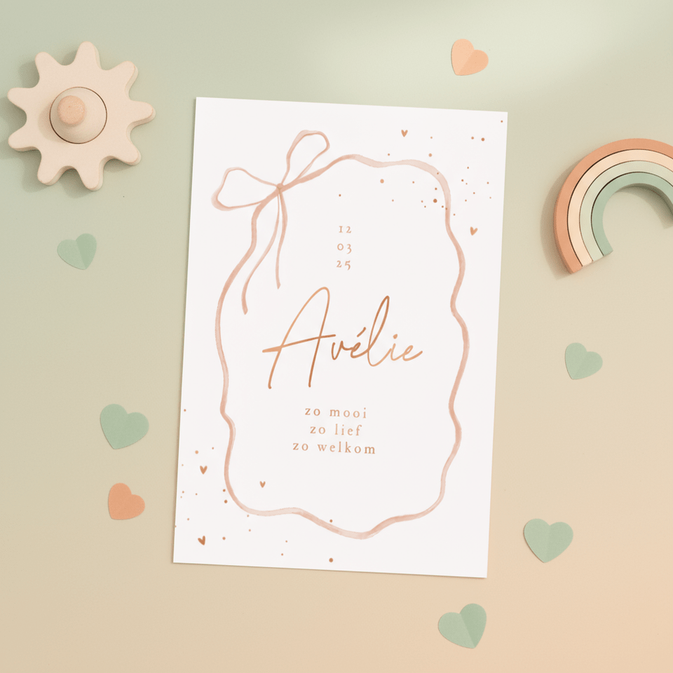 Geboortekaartje lief strikje magisch hartjes stijlvol