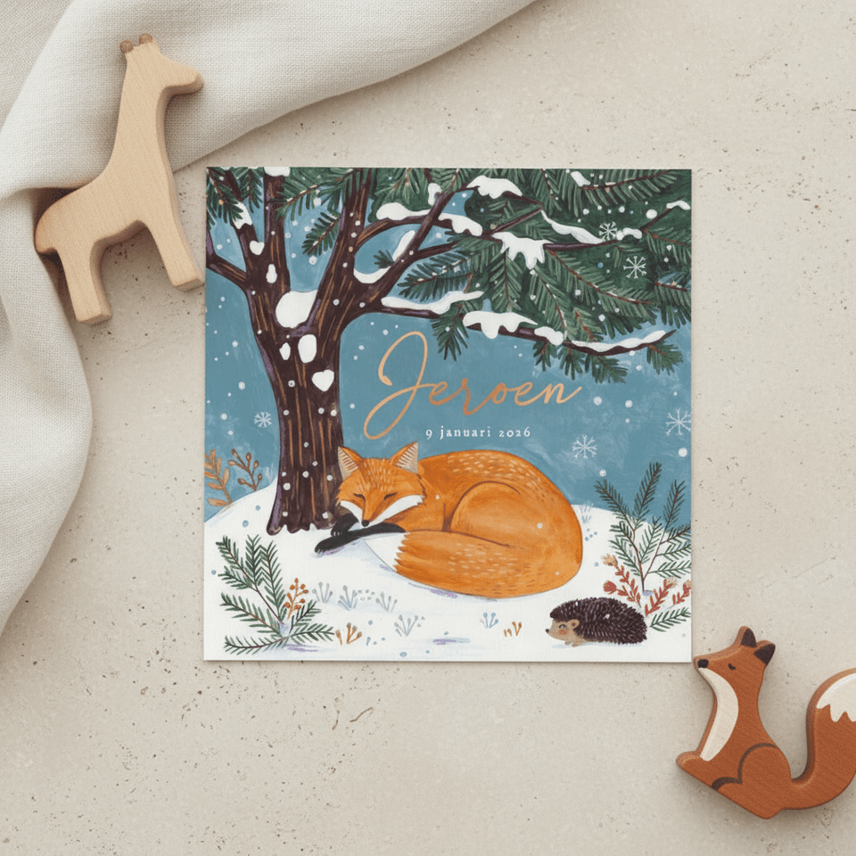 Geboortekaartje lief vosje slaapt onder een boom