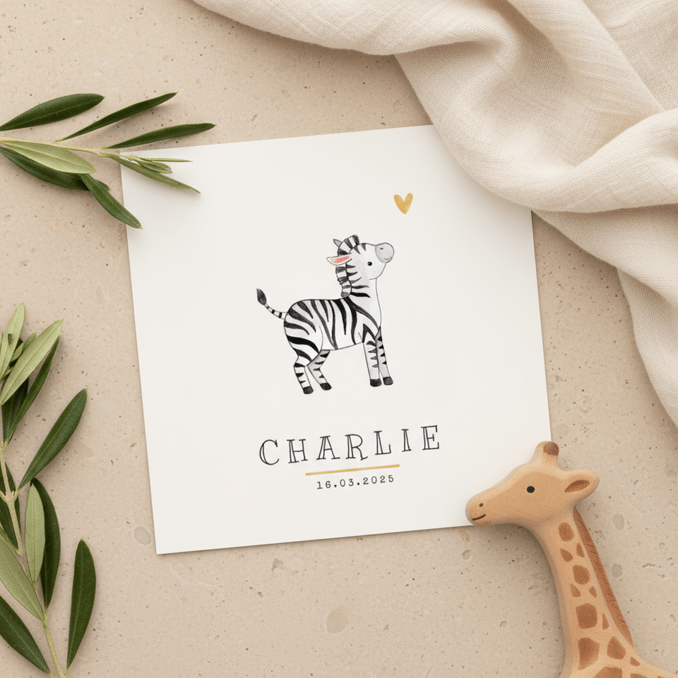 Geboortekaartje lief zebra hartje goud unisex