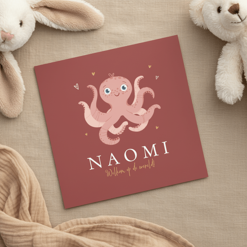 Geboortekaartje lieve octopus roze hartjes goud