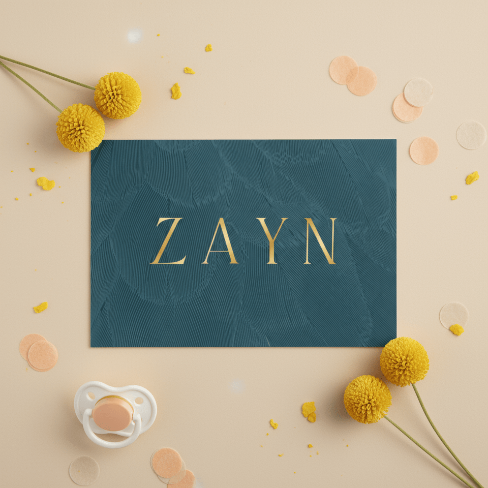 Geboortekaartje liggend stijlvol blauw met veren