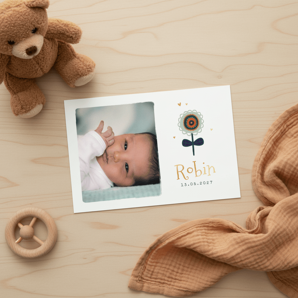 Geboortekaartje meisje bloem goud foto hartjes