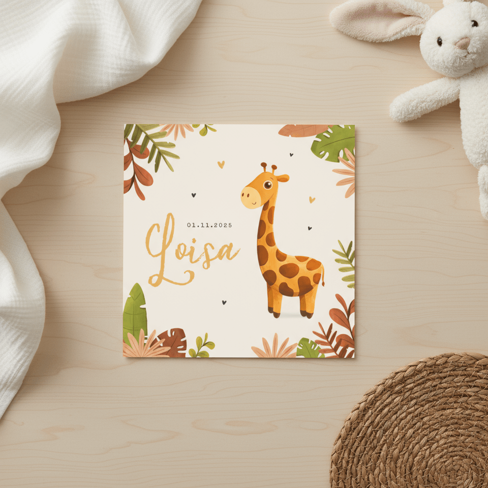 Geboortekaartje meisje giraf illustratie jungle hartjes