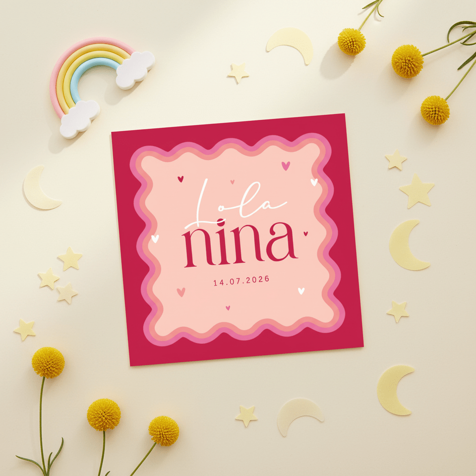 Geboortekaartje meisje groovy roze hartjes origineel
