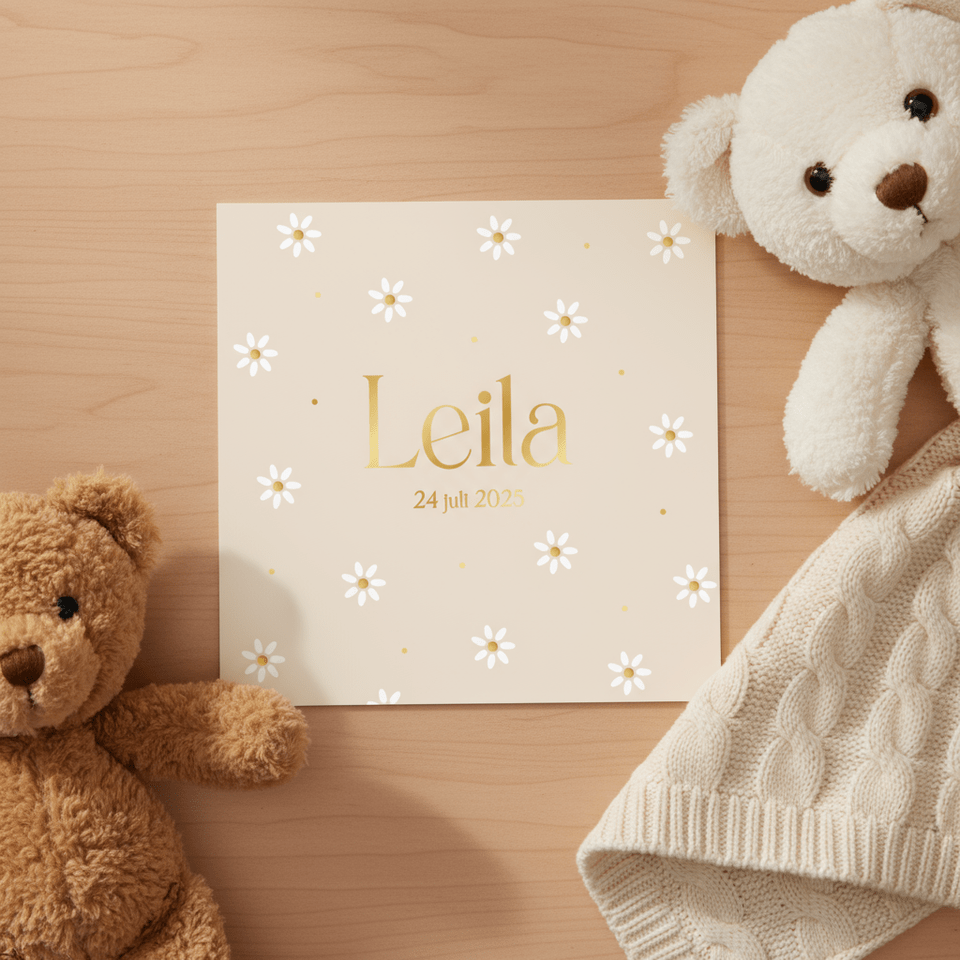 Geboortekaartje meisje lente zomer margrietjes goud