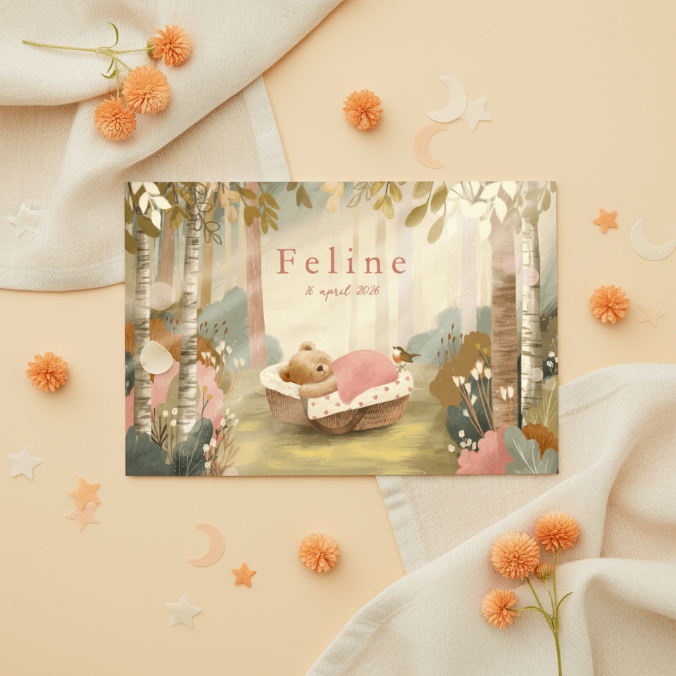 Geboortekaartje meisje met slapend beertje in het bos