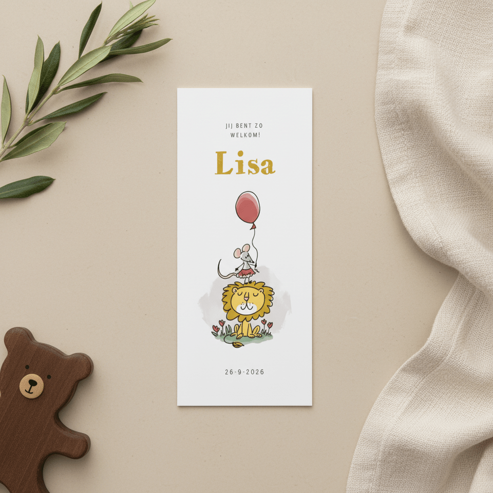 Geboortekaartje meisje muisje met ballon en leeuw