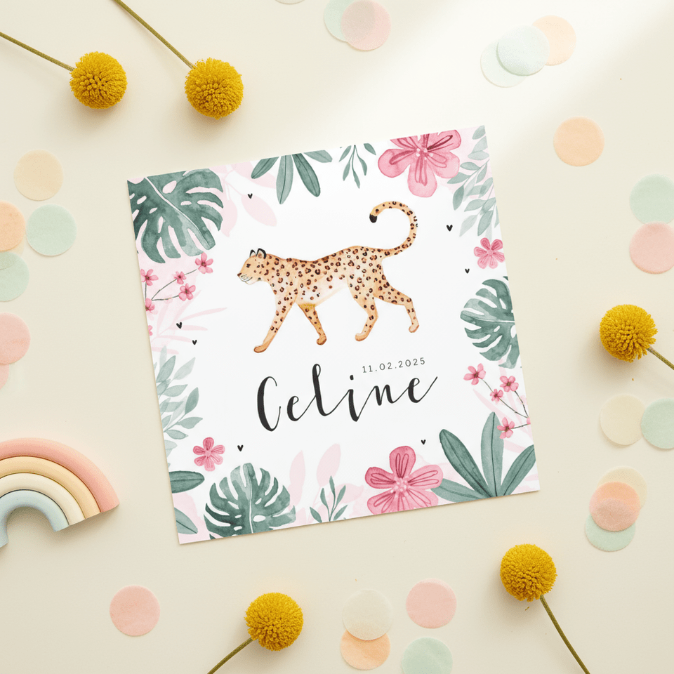 Geboortekaartje meisje panter luipaard jungle roze hartjes