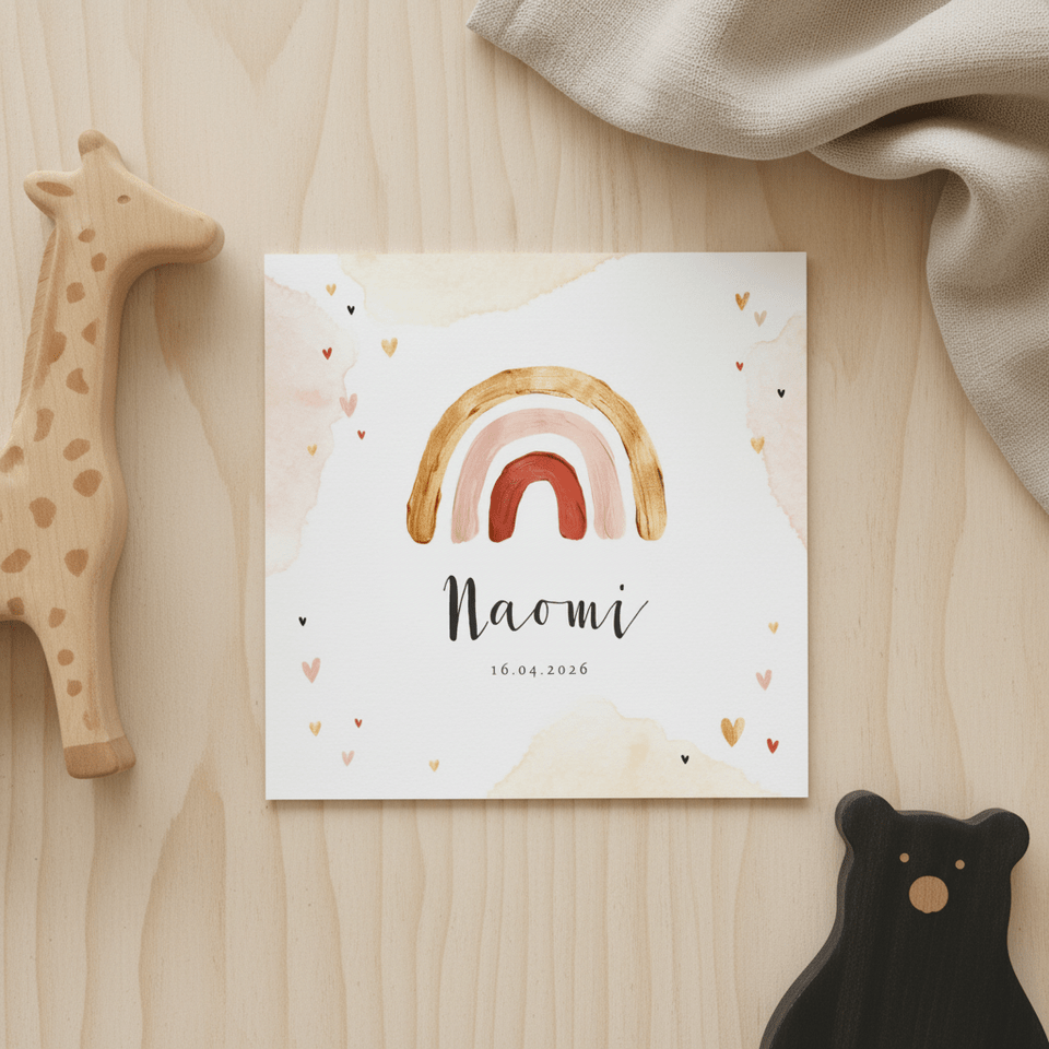 Geboortekaartje meisje regenboog goud hartjes watercolor