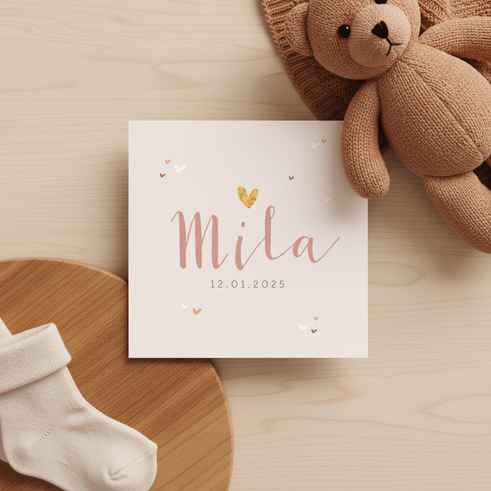 Geboortekaartje meisje roze hartjes subtiel stijlvol goud