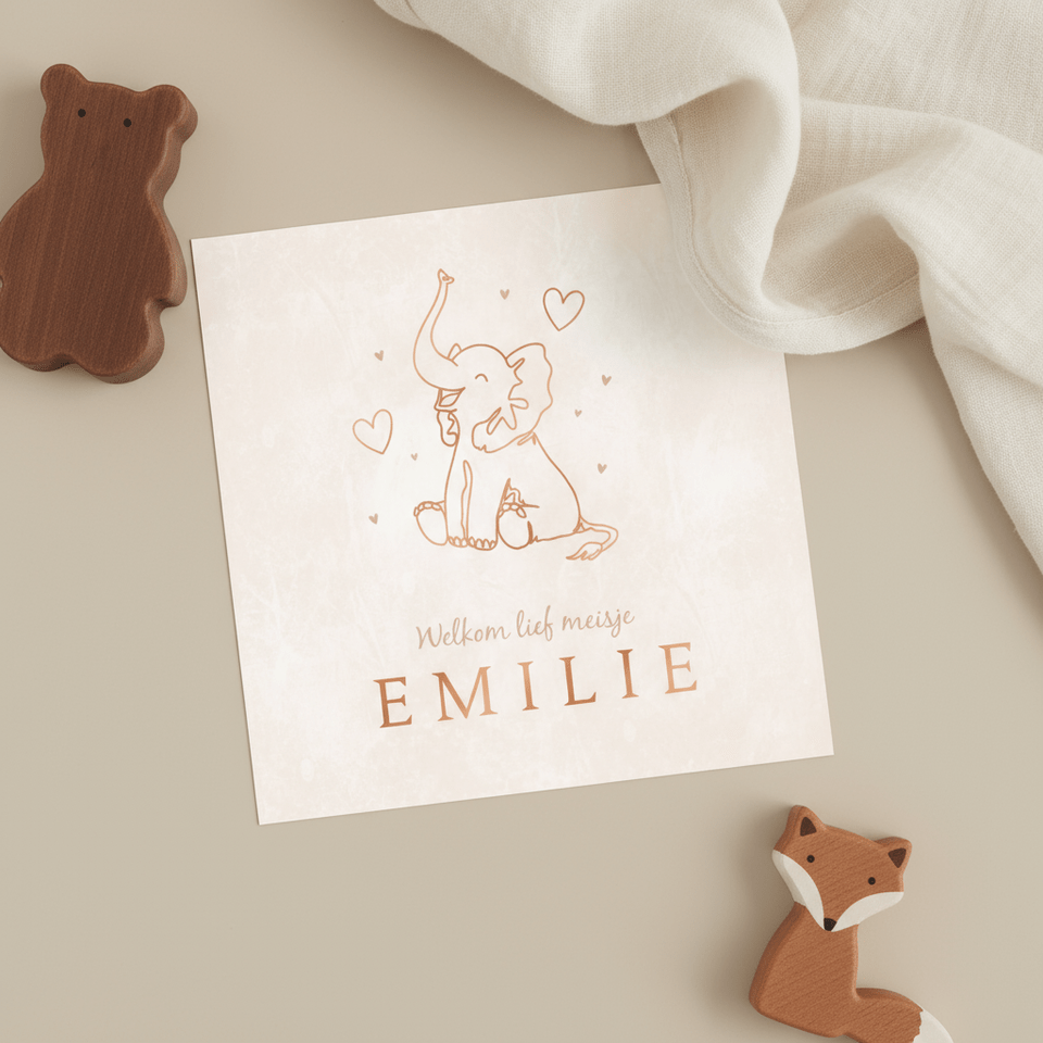 Geboortekaartje meisje trend olifant line art sand