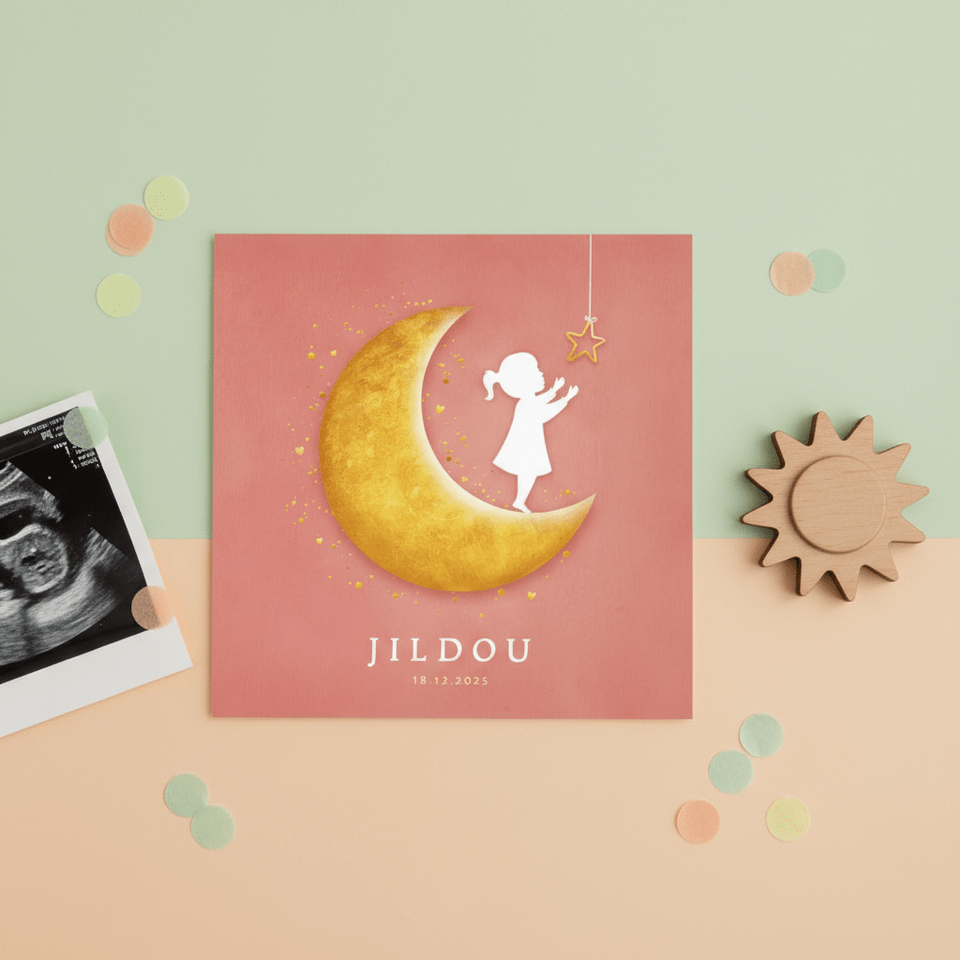 Geboortekaartje met een silhouet van een meisje op de maan