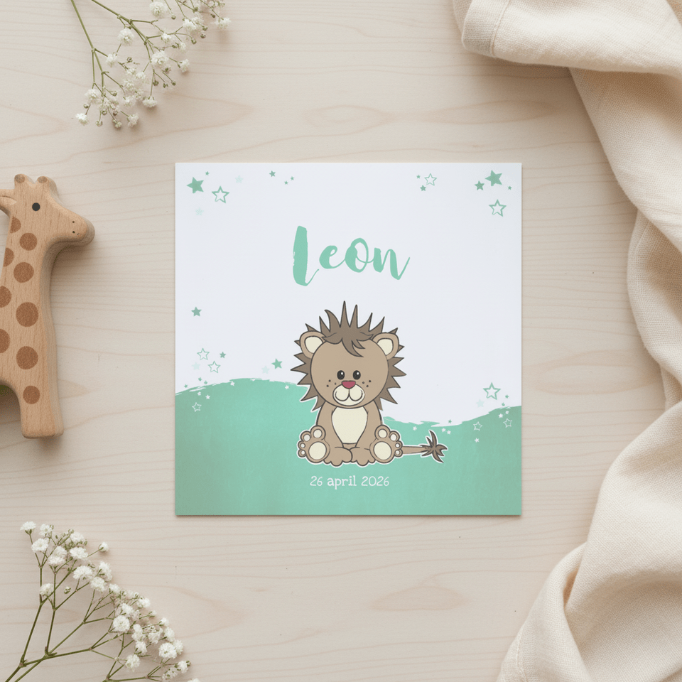 Geboortekaartje met een stoere lieve leeuw met sterren