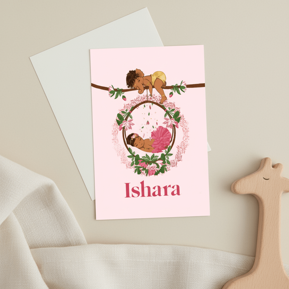 Geboortekaartje met Ganesha en baby meisje in wieg