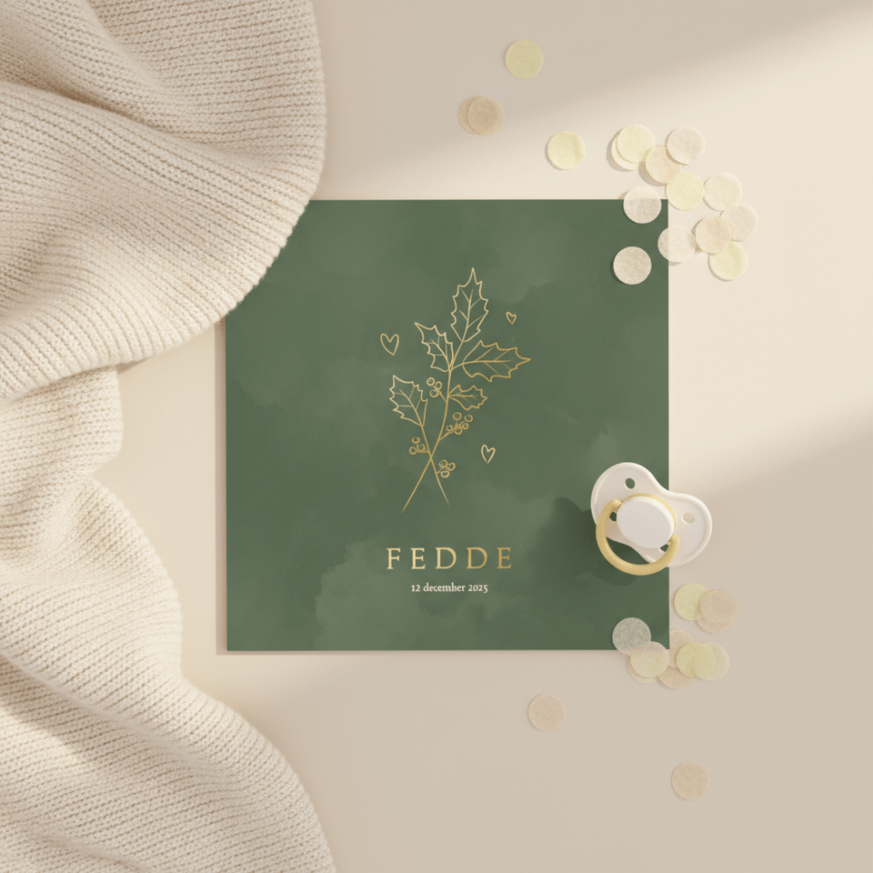 Geboortekaartje met geboortebloem december hulst goudfolie