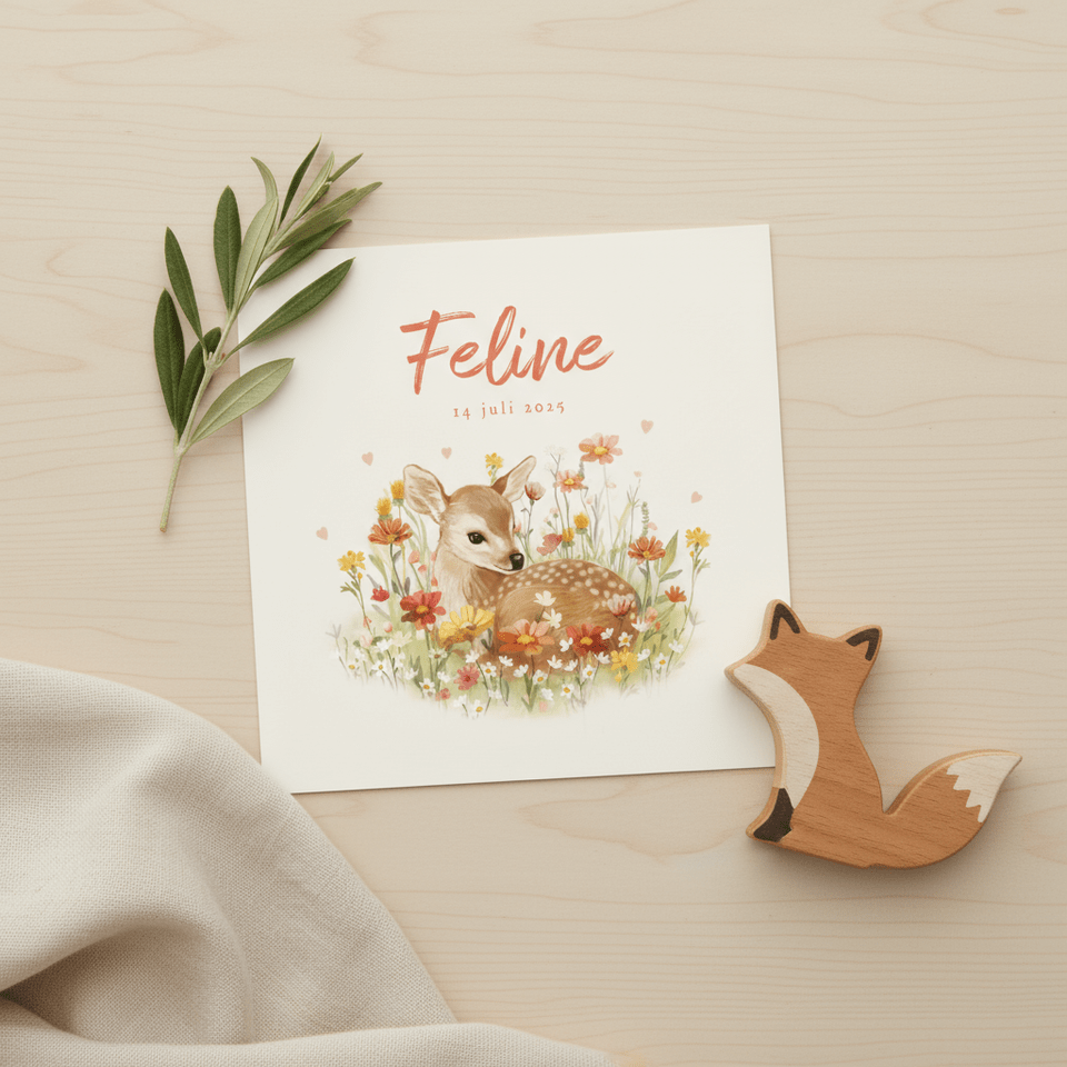 Geboortekaartje met jong hertje tussen de bloemen en hartjes