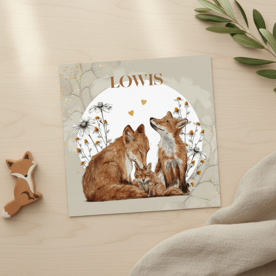Geboortekaartje met liefdevolle vosjes tussen de bloemen