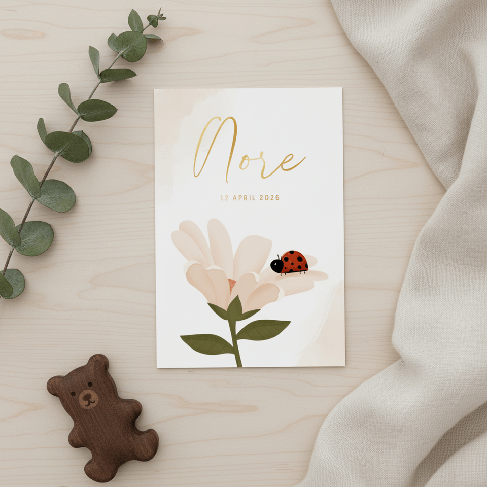 Geboortekaartje met lieveheersbeestje op bloem