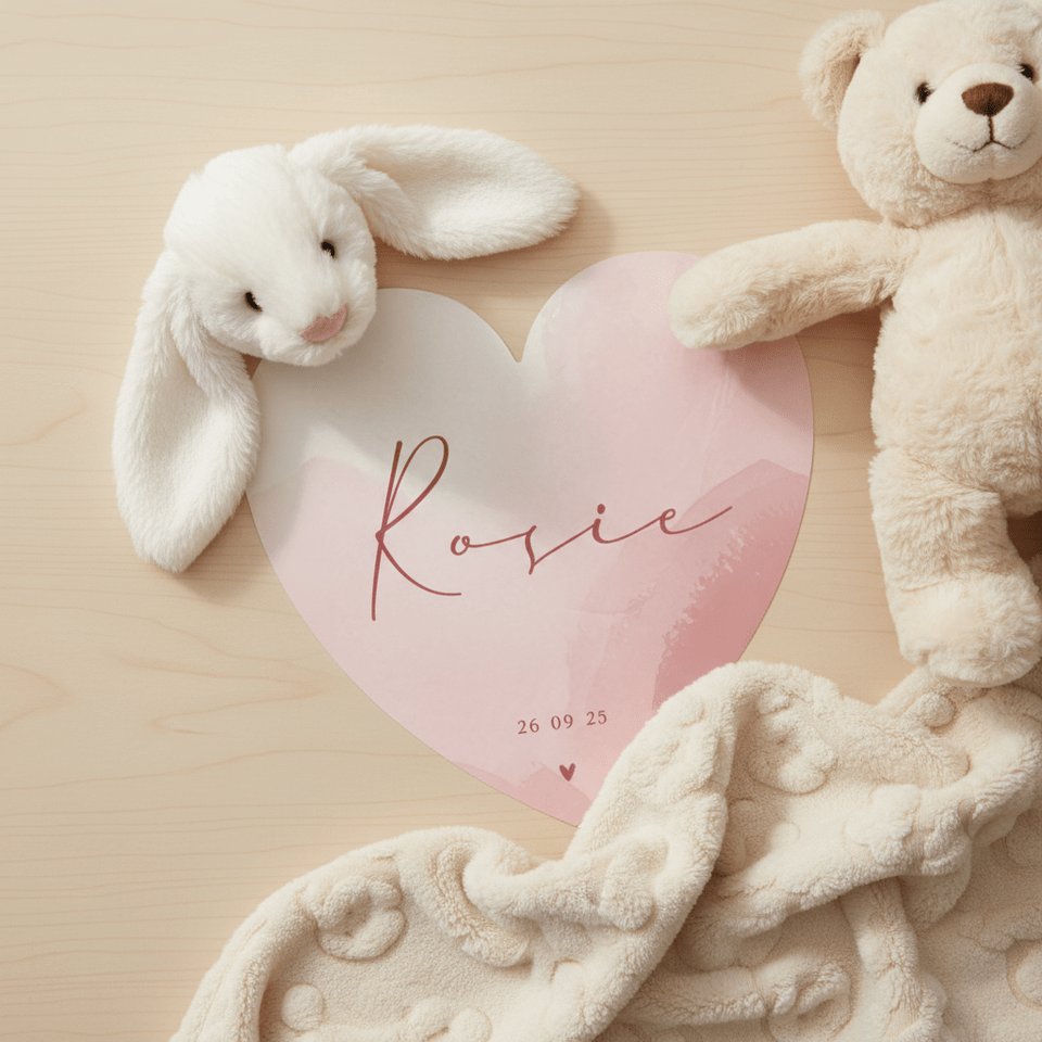 Geboortekaartje met roze waterverf en hartje in hartvorm